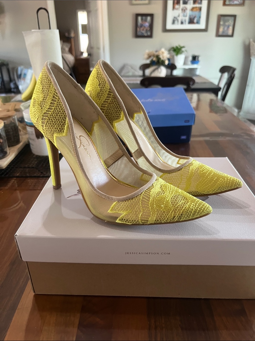 Jessica Simpson Neon Yellow Lace Pointed Toe Pumps